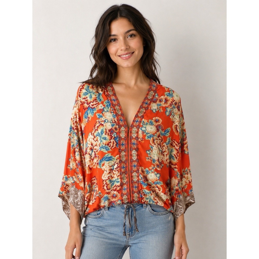 Free People Floral Kimono Tie Front Top XS Boho Open Front Lightweight Cardigan